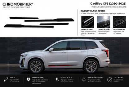 ChroMorpher Cadillac XT6 side skirts precut chrome delete kit (2020–2025) showing the precut vinyl pieces and the trim area outlined in red.