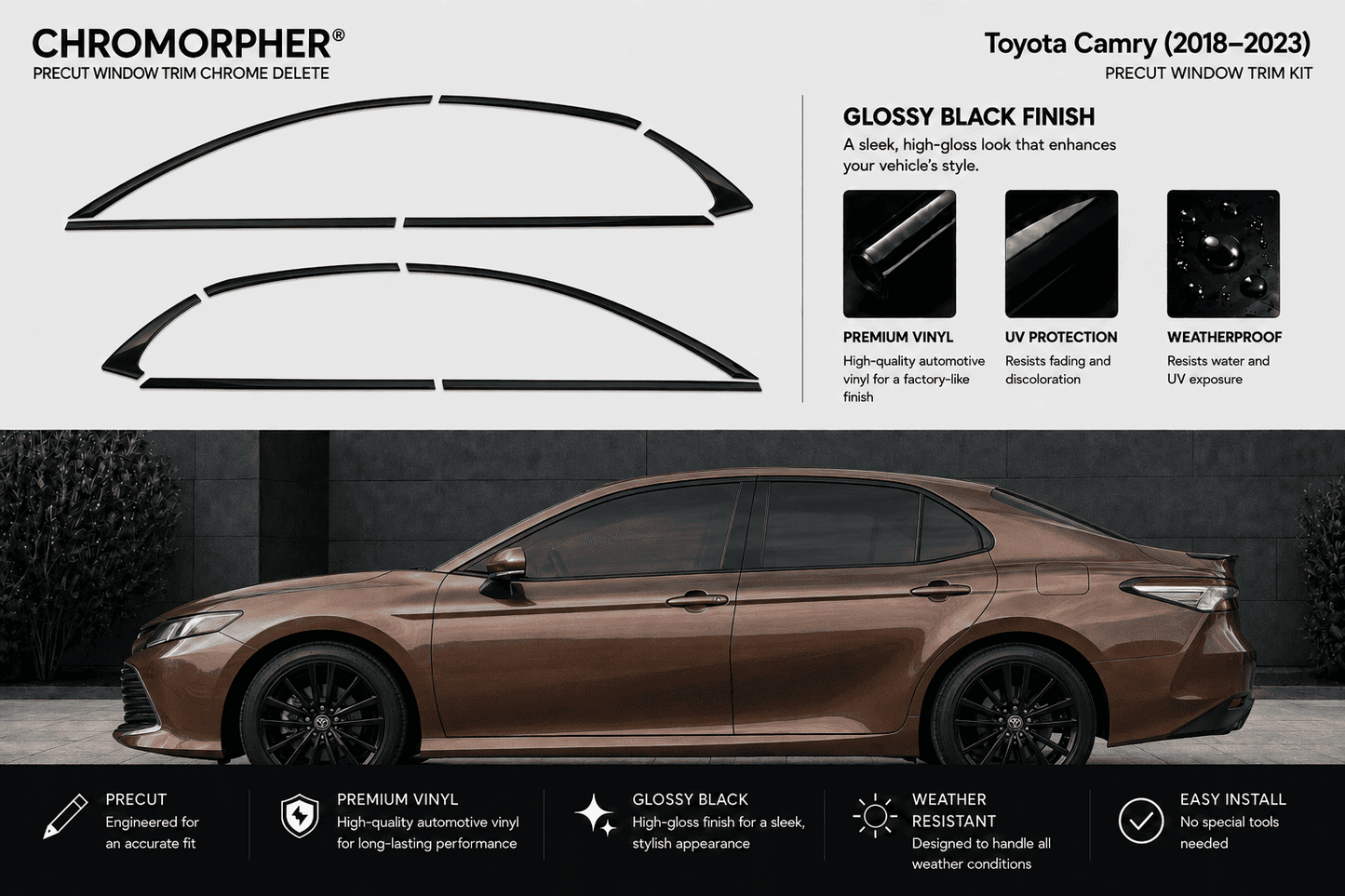 Chromorpher Precut Window Trim Chrome Delete kit for Toyota Camry (2018-2022) in glossy black finish, shown with black trim pieces on a white background and a bronze-brown car illustration below.