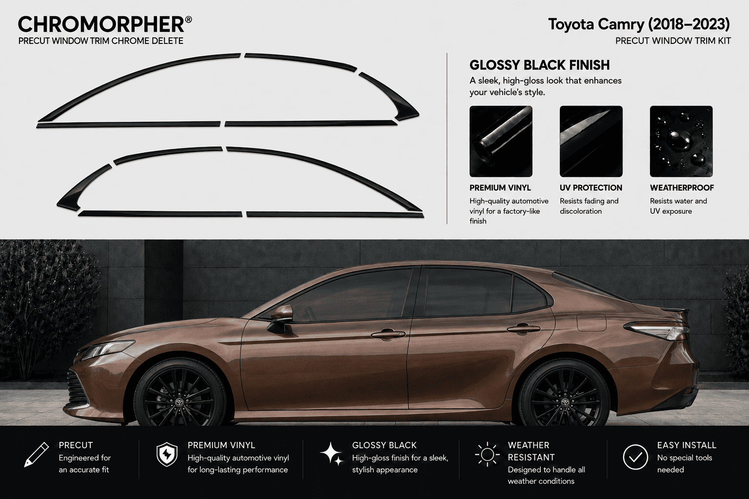 Chromorpher Precut Window Trim Chrome Delete kit for Toyota Camry (2018-2022) in glossy black finish, shown with black trim pieces on a white background and a bronze-brown car illustration below.