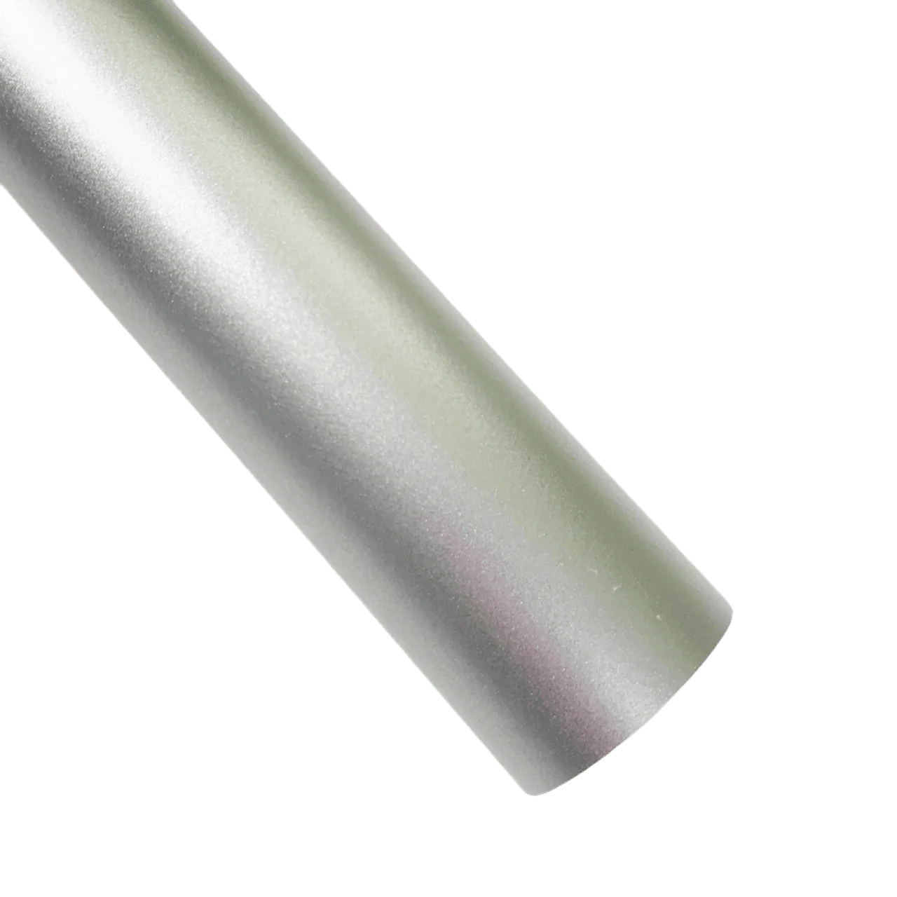 A sleek pearl white ChroMorpher Ice Matte Vinyl roll with a satin matte chrome finish, ideal for vehicle wraps and creative projects, displayed against a soft gray background.