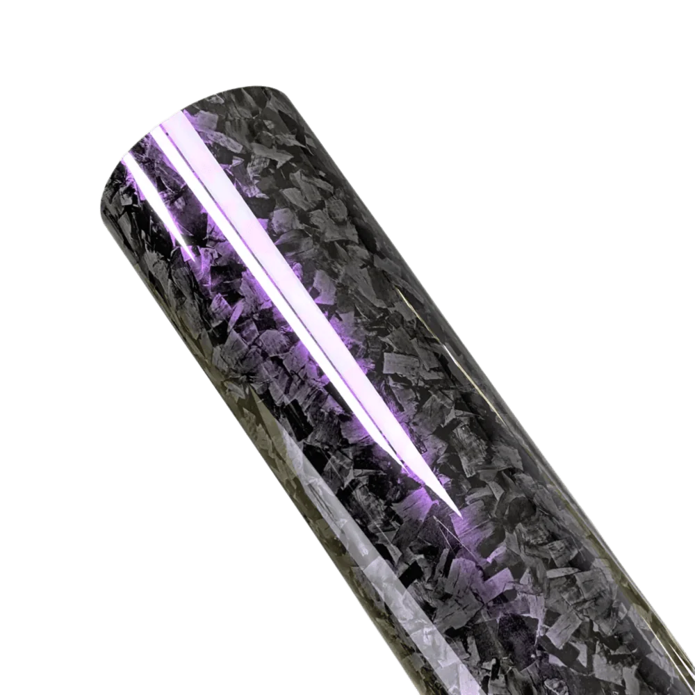 A single roll of Glossy Forged Carbon Fiber Vinyl Wrap showcasing a vivid purple reflective highlight. The high-gloss forged carbon texture delivers a premium aesthetic, making it ideal for car and accessory customizations with a modern and luxurious touch.