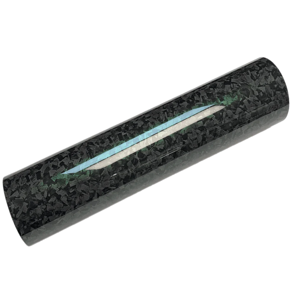 A single roll of Glossy Forged Carbon Fiber Vinyl Wrap with a subtle green highlight. The high-gloss finish and intricate forged carbon texture make it a premium choice for car and accessory customizations, providing a sleek and modern appearance.