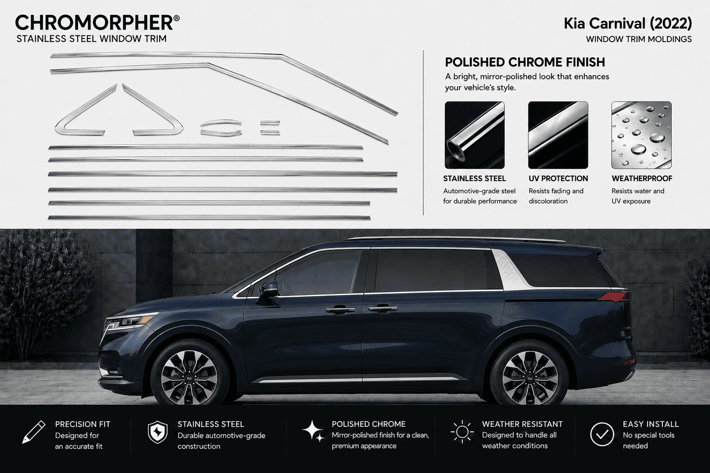 Kia Carnival (2022) Stainless Steel Window Trim Moldings