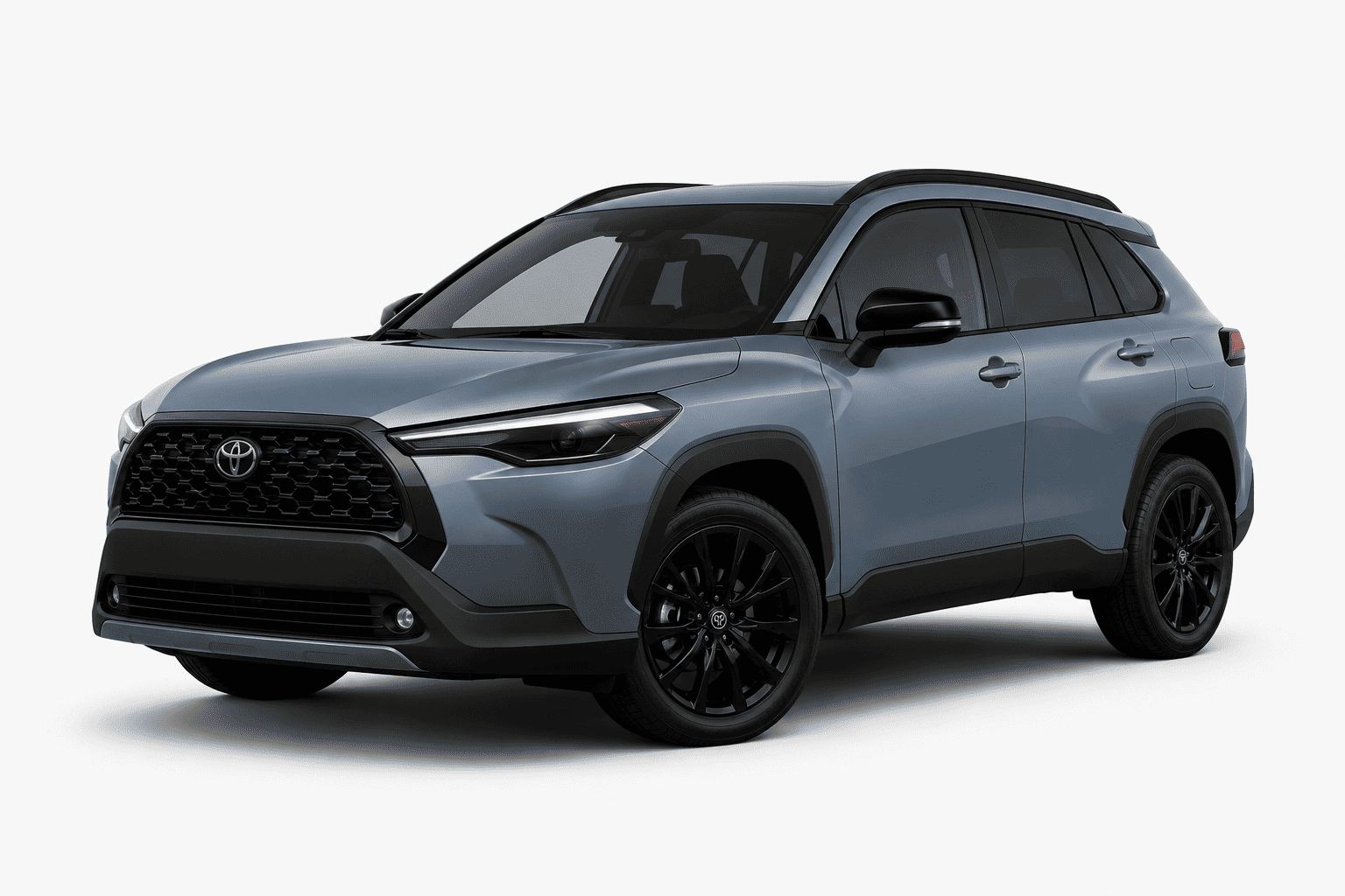 A Toyota RAV4 SUV in a metallic blue-gray color with black wheels, black trim, and a black front grille, shown from a three-quarter front angle on a light gray background.