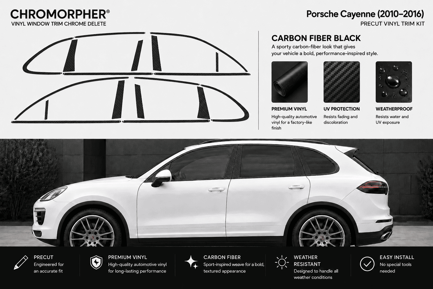Chromorpher Porsche Cayenne vinyl window trim chrome delete kit in carbon fiber black, shown with a white Porsche Cayenne SUV on a dark street background, featuring product diagrams and feature callouts.