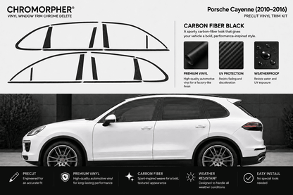 Chromorpher Porsche Cayenne vinyl window trim chrome delete kit in carbon fiber black, shown with a white Porsche Cayenne SUV on a dark street background, featuring product diagrams and feature callouts.