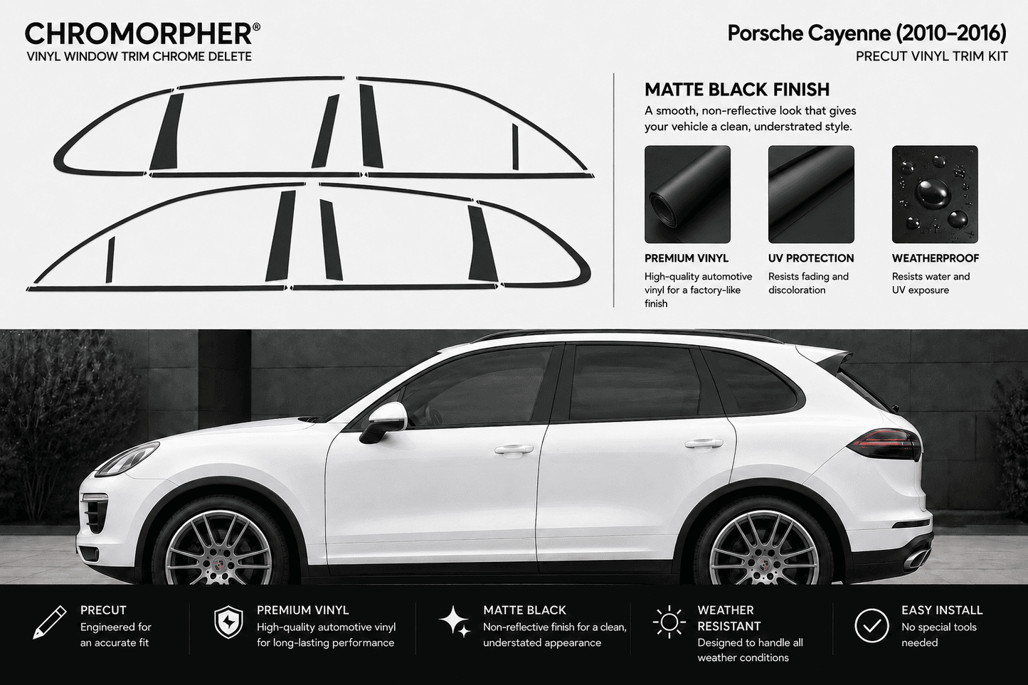 Chromorphor Porsche Cayenne vinyl window trim chrome delete decal kit, showing black decal outlines on a white Porsche Cayenne in a dark setting, with product features and specifications listed.