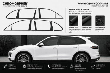 Chromorphor Porsche Cayenne vinyl window trim chrome delete decal kit, showing black decal outlines on a white Porsche Cayenne in a dark setting, with product features and specifications listed.