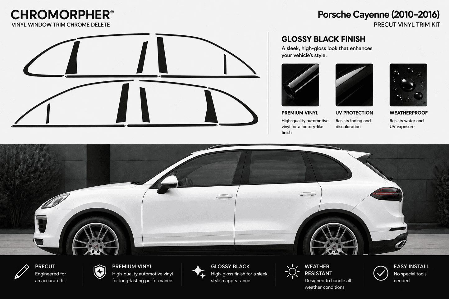 Porsche Cayenne 2010-2016 chromatic vinyl window trim chrome delete kit. The image features a white Porsche Cayenne SUV on a dark background, with black line drawings of the vinyl trim pieces at the top and feature callouts on a light gray background.