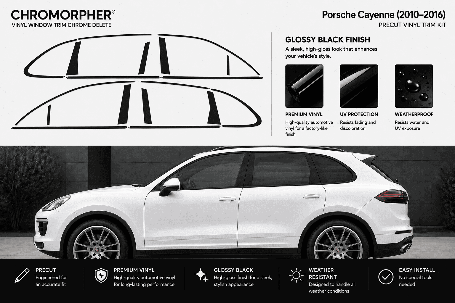 Porsche Cayenne 2010-2016 chromatic vinyl window trim chrome delete kit. The image features a white Porsche Cayenne SUV on a dark background, with black line drawings of the vinyl trim pieces at the top and feature callouts on a light gray background.