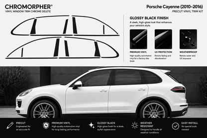 Porsche Cayenne 2010-2016 chromatic vinyl window trim chrome delete kit. The image features a white Porsche Cayenne SUV on a dark background, with black line drawings of the vinyl trim pieces at the top and feature callouts on a light gray background.