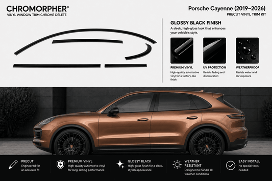 Porsche Cayenne (2019-2026) Chromorpher vinyl window trim chrome delete kit in glossy black finish, shown on a dark background with product features and installation benefits.