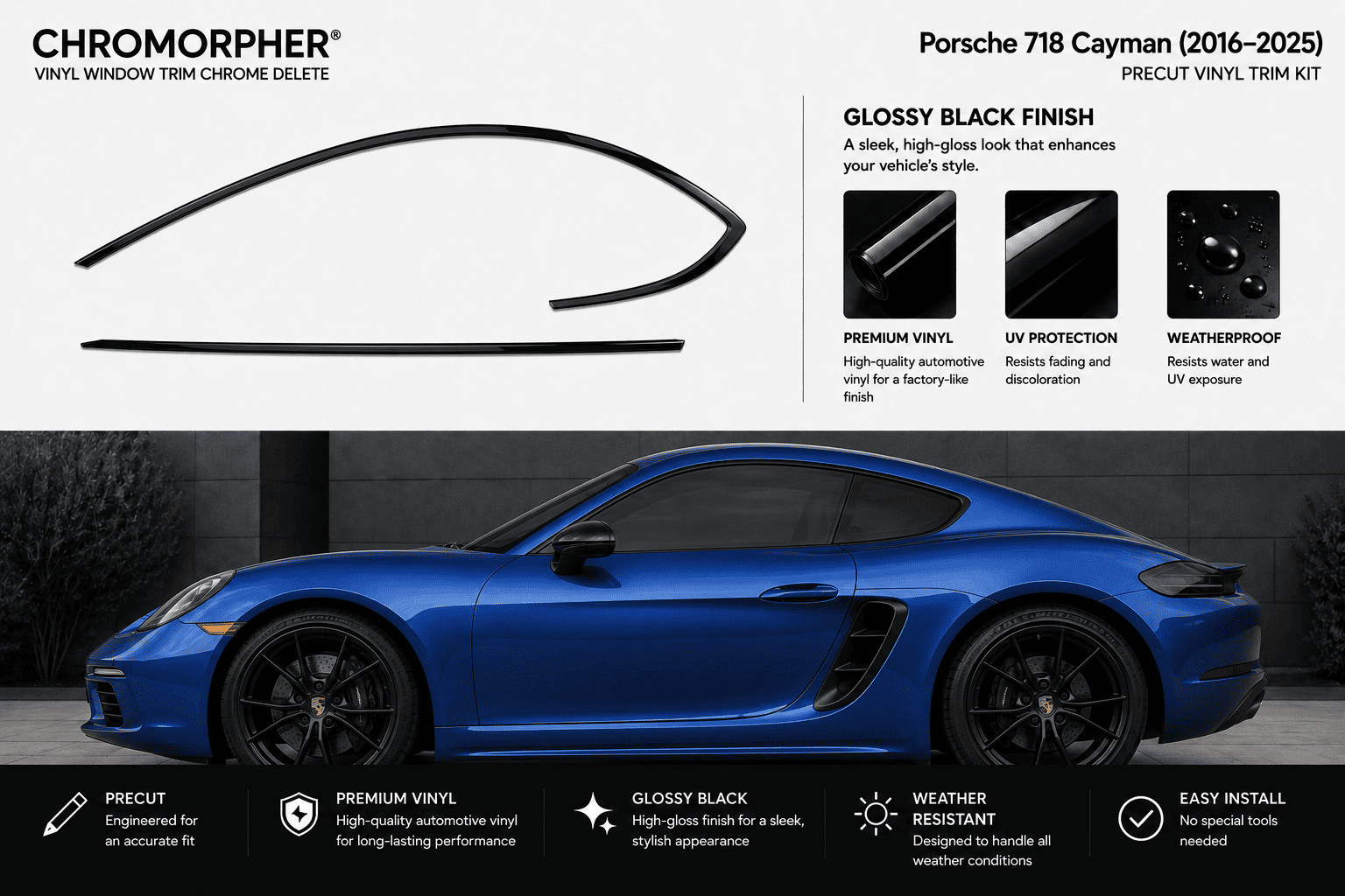 Chromorpher Porsche 718 Cayman glossy black vinyl trim kit, featuring a black pre-cut trim piece and a blue Porsche 718 Cayman car on a dark gray background with product feature callouts.