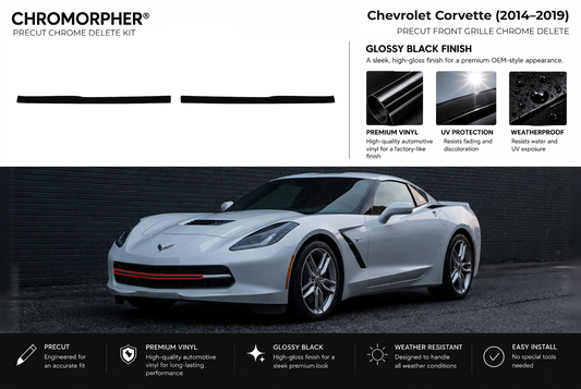 ChroMorpher Chevrolet Corvette front grille precut chrome delete kit (2014–2019) showing the precut vinyl pieces and the trim area outlined in red.