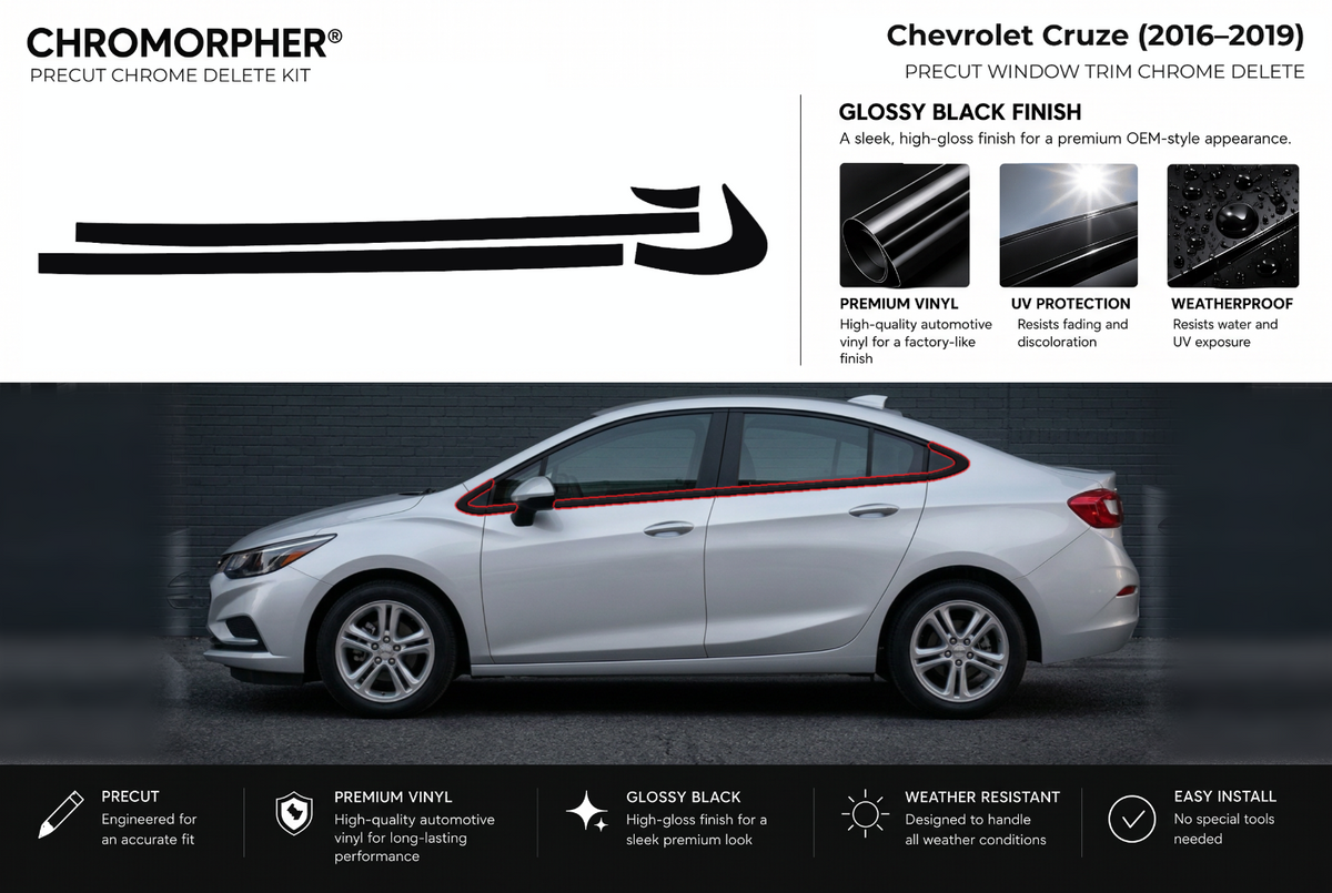 ChroMorpher Chevrolet Cruze window trim precut chrome delete kit (2016–2019) showing the precut vinyl pieces and the trim area outlined in red.
