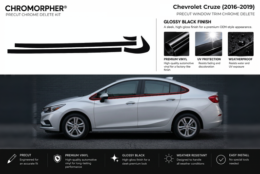 ChroMorpher Chevrolet Cruze window trim precut chrome delete kit (2016–2019) showing the precut vinyl pieces and the trim area outlined in red.
