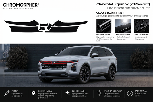 ChroMorpher Chevrolet Equinox front precut chrome delete kit (2025–2027) showing the precut vinyl pieces and the trim area outlined in red.