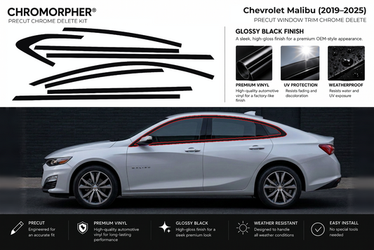 ChroMorpher Chevrolet Malibu window trim precut chrome delete kit (2019–2025) showing the precut vinyl pieces and the trim area outlined in red.