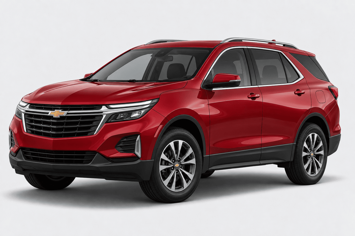 A red Chevrolet SUV shown from a three-quarter front angle on a light gray studio background.