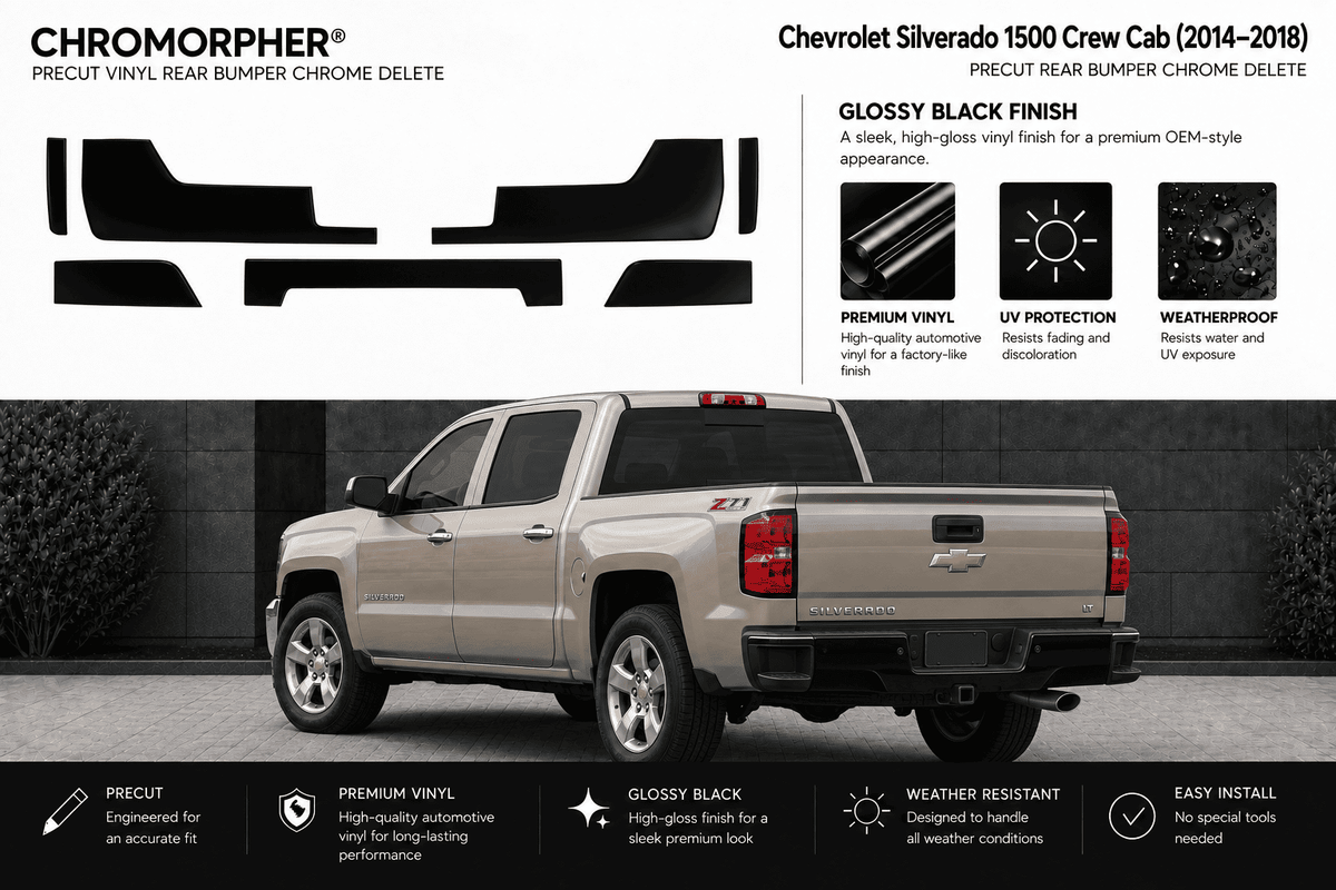 Chromorpher precut vinyl rear bumper chrome delete kit shown with black cutout shapes on a white background above a silver Chevrolet Silverado 1500 Crew Cab, with feature callouts and installation benefits.