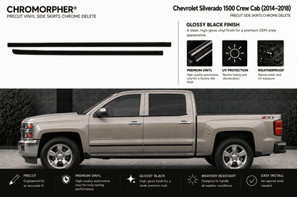 Chromorpher precut vinyl side skirts in glossy black finish for a Chevrolet Silverado 1500 Crew Cab (2014-2018), shown with a large vehicle graphic and feature callouts on a white background.