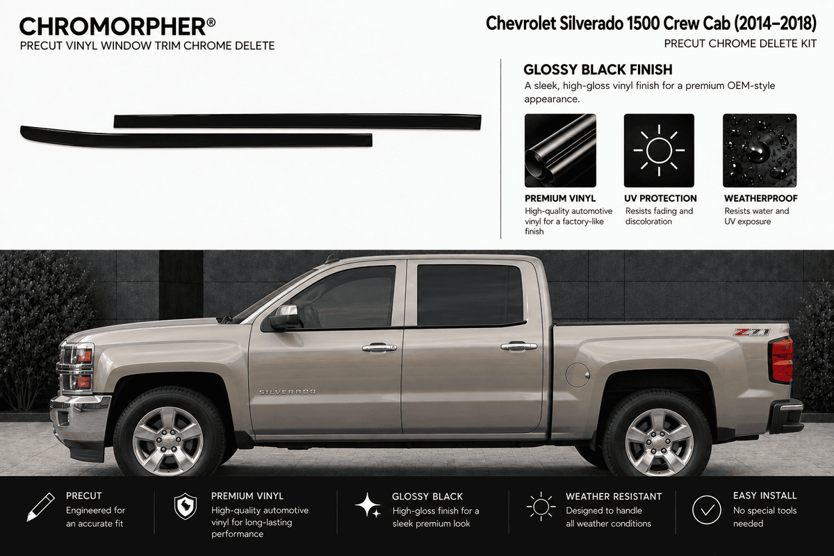 Chromorpher precut vinyl window trim chrome delete kit shown with two black trim pieces on a white background, plus a side view of a Chevrolet Silverado 1500 Crew Cab demonstrating the glossy black finish effect.