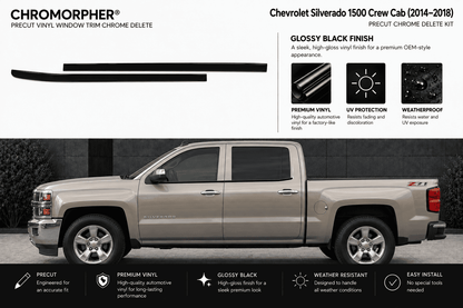 Chromorpher precut vinyl window trim chrome delete kit shown with two black trim pieces on a white background, plus a side view of a Chevrolet Silverado 1500 Crew Cab demonstrating the glossy black finish effect.