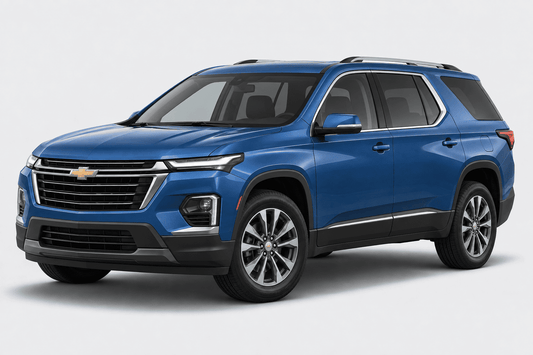 A blue Chevrolet SUV shown at a three-quarter front angle on a light gray studio background.