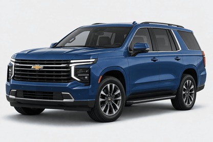 A blue Chevrolet SUV shown from a three-quarter front angle against a light gray studio background.