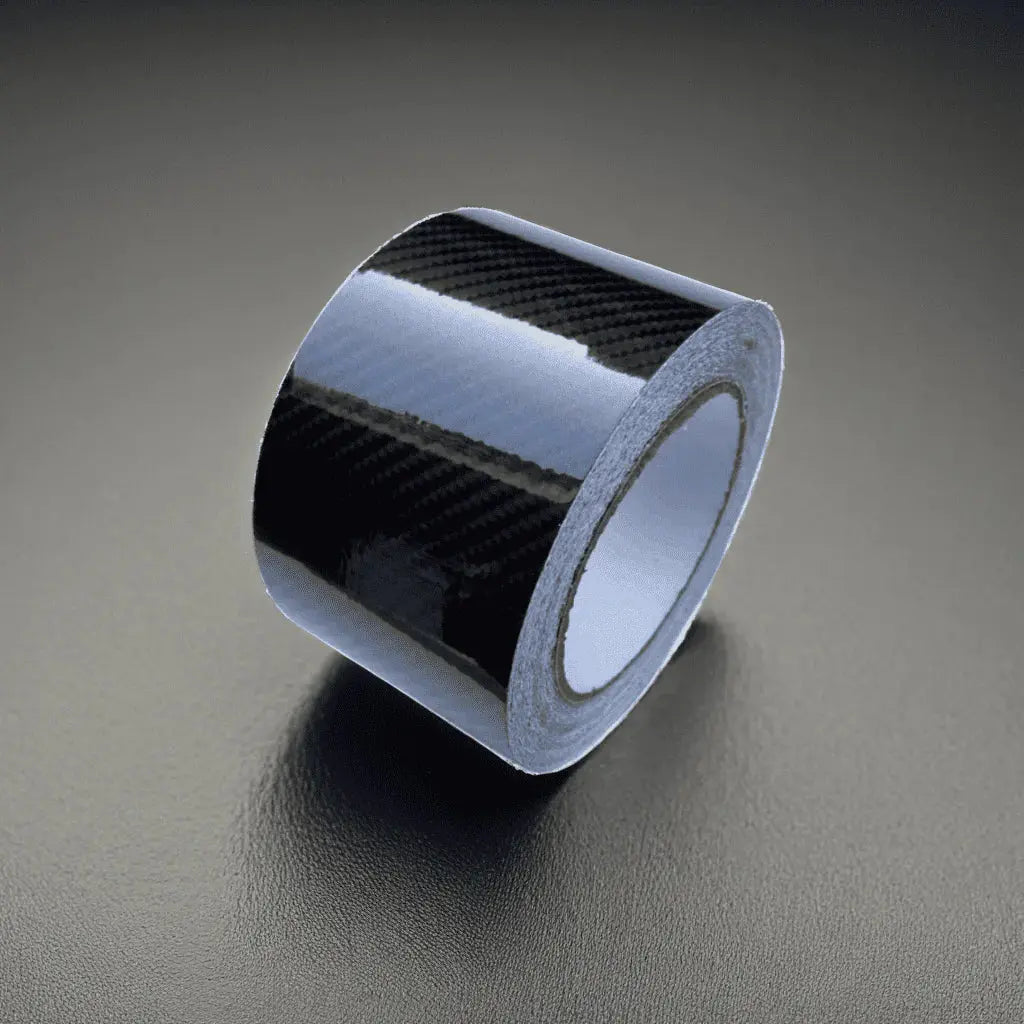 ChroMorpher Carbon Glossy Vinyl Tape roll with a carbon fiber texture, ideal for a sleek, high-performance finish on vehicle surfaces.