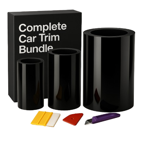 ChroMorpher Complete Car Trim Bundle featuring glossy black chrome delete tape rolls with vinyl tools and cutting knife for full vehicle chrome blackout.

