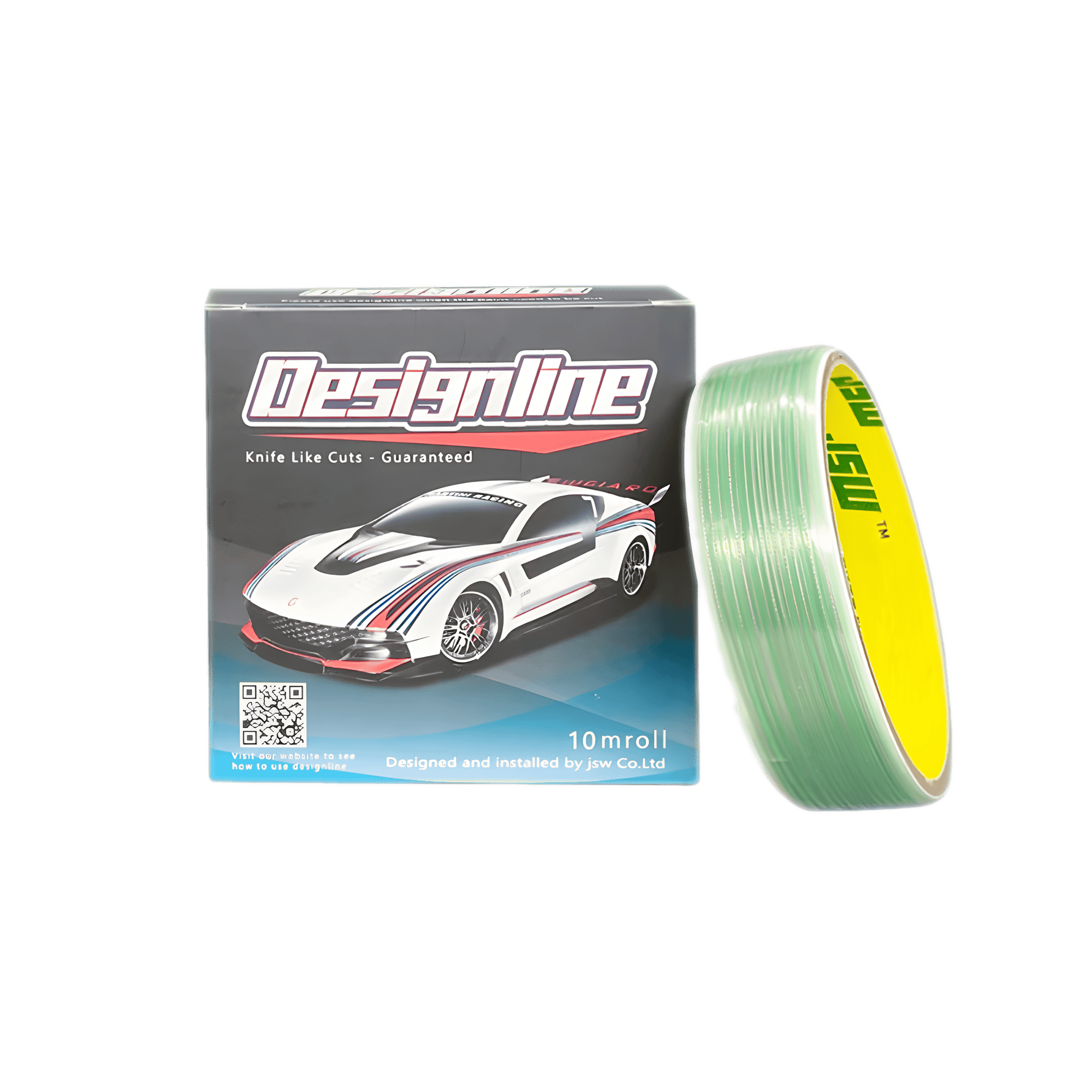 ChroMorpher Designline Knifeless Tape packaging with one roll beside the box, showcasing the “Knife Like Cuts – Guaranteed” tagline and automotive wrap design, ideal for precise, blade-free vinyl installations.
