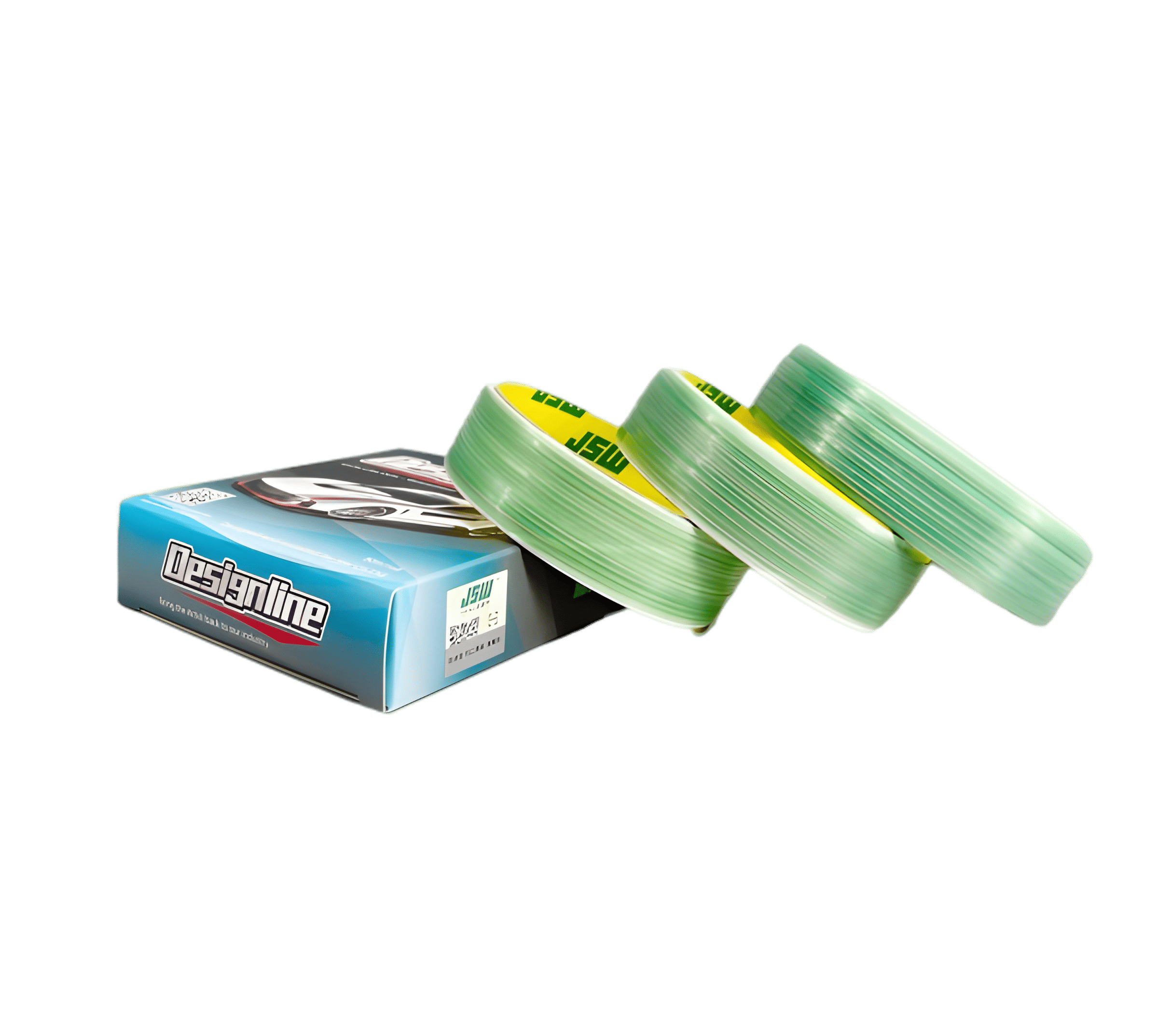 ChroMorpher Designline Precision Knifeless Tape box with three green rolls displayed, showcasing the flexible cutting filament ideal for creating clean, blade-free vinyl wrap and chrome delete lines on car surfaces.

