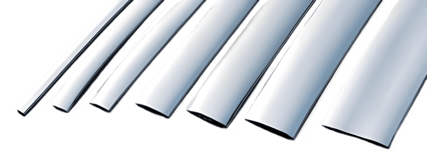 Multiple widths of glossy chrome ChroMorpher Clip-On Trim Cover 2.0 laid out side by side showing the size variations from narrow to wide