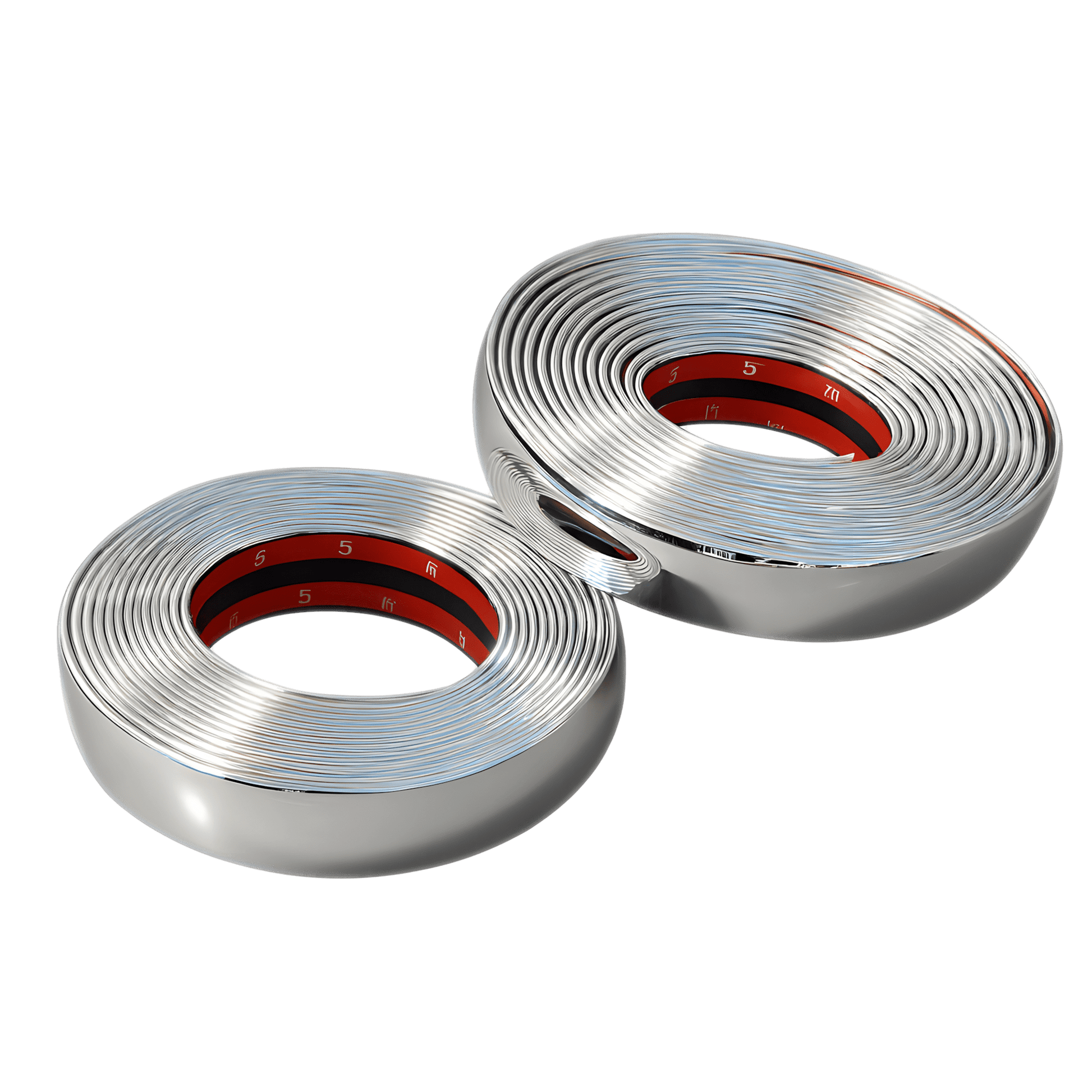 Two glossy chrome ChroMorpher Clip-On Trim Cover 2.0 rolls showing the reflective mirror finish and red adhesive backing