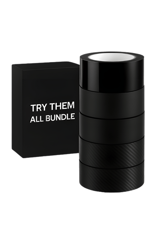 ChroMorpher Try Them All Bundle featuring a full set of Glossy, Matte, Glossy Carbon, and Carbon Matte Chrome Delete Tapes stacked beside a sleek black box, perfect for testing every finish before a full car blackout.
