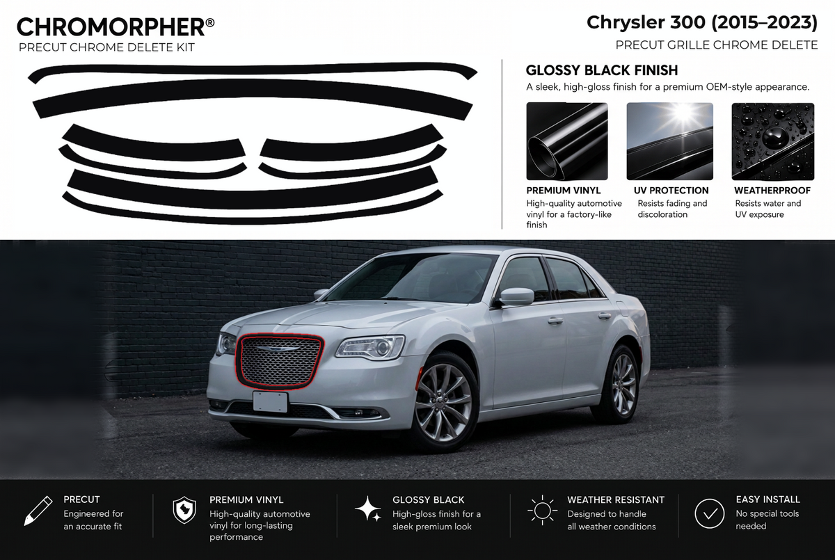ChroMorpher Chrysler 300 grille precut chrome delete kit (2015–2023) showing the precut vinyl pieces and the trim area outlined in red.