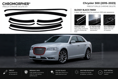 ChroMorpher Chrysler 300 grille precut chrome delete kit (2015–2023) showing the precut vinyl pieces and the trim area outlined in red.