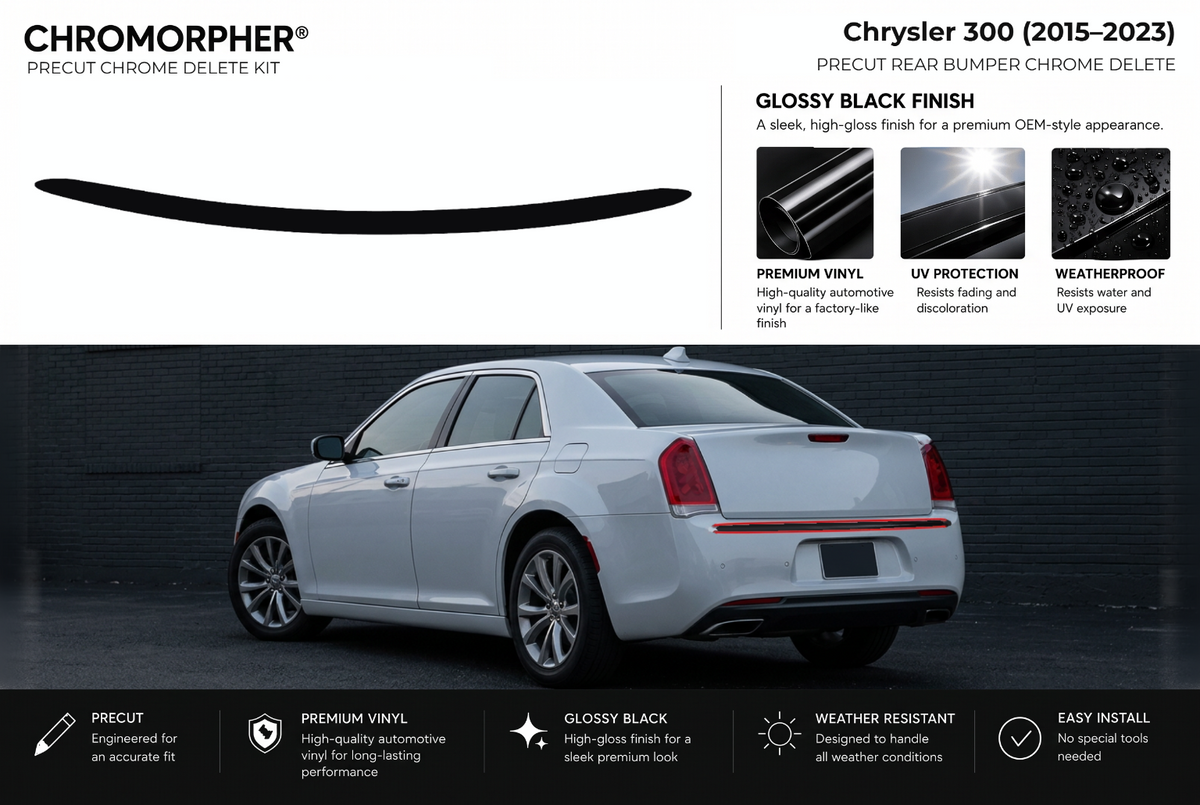 ChroMorpher Chrysler 300 rear bumper precut chrome delete kit (2015–2023) showing the precut vinyl pieces and the trim area outlined in red.