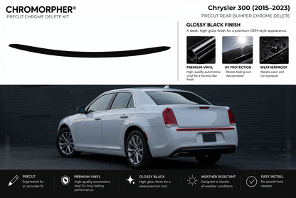 ChroMorpher Chrysler 300 rear bumper precut chrome delete kit (2015–2023) showing the precut vinyl pieces and the trim area outlined in red.