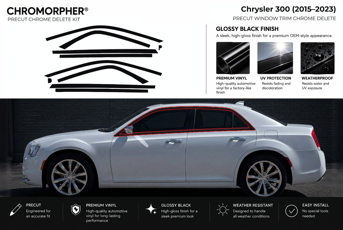 ChroMorpher Chrysler 300 window trim precut chrome delete kit (2015–2023) showing the precut vinyl pieces and the trim area outlined in red.
