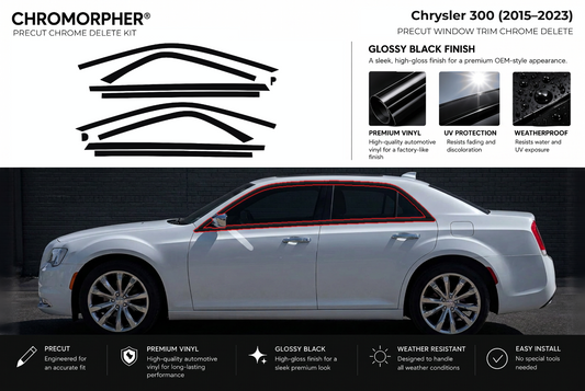 ChroMorpher Chrysler 300 window trim precut chrome delete kit (2015–2023) showing the precut vinyl pieces and the trim area outlined in red.