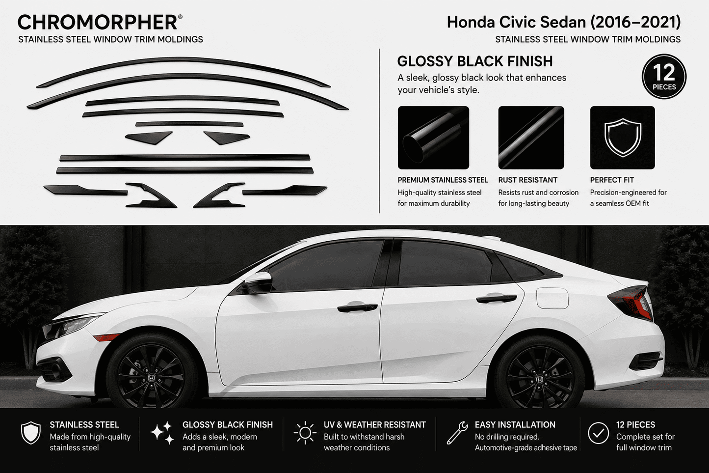A set of black Chromorphor stainless steel window trim moldings for a Honda Civic Sedan (2016-2021), shown both as a flat layout of the 12 pieces and applied to a white car.