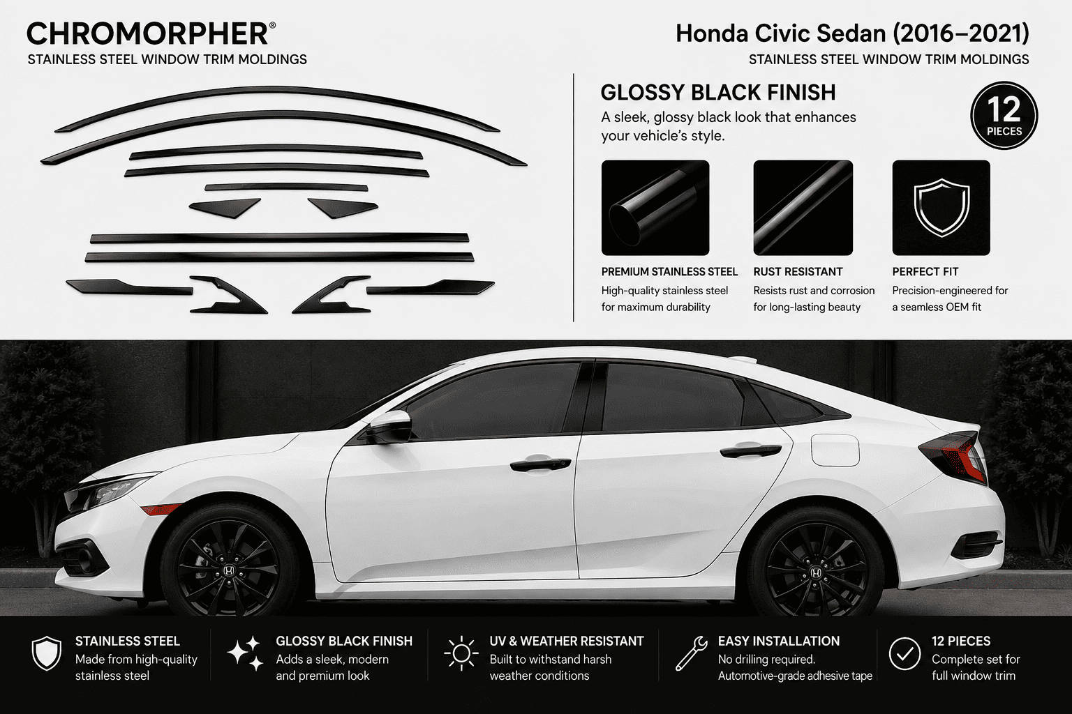 A set of black Chromorphor stainless steel window trim moldings for a Honda Civic Sedan (2016-2021), shown both as a flat layout of the 12 pieces and applied to a white car.