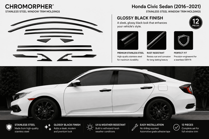 A set of black Chromorphor stainless steel window trim moldings for a Honda Civic Sedan (2016-2021), shown both as a flat layout of the 12 pieces and applied to a white car.