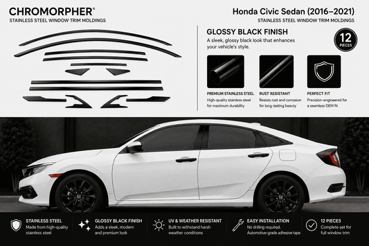 A set of black Chromorphor stainless steel window trim moldings for a Honda Civic Sedan (2016-2021), shown both as a flat layout of the 12 pieces and applied to a white car.