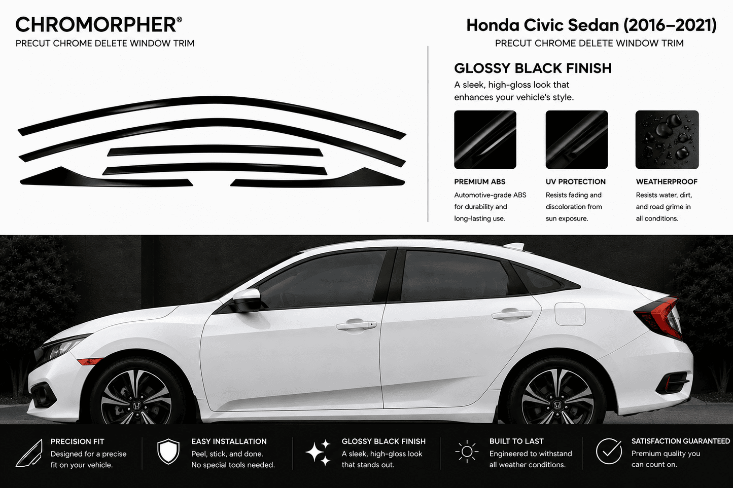 Chromorpher Honda Civic Sedan delete window trim decal kit, showing black curved window trim pieces on a white background above a white Honda Civic sedan on a dark background.
