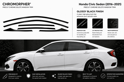 Chromorpher Honda Civic Sedan delete window trim decal kit, showing black curved window trim pieces on a white background above a white Honda Civic sedan on a dark background.