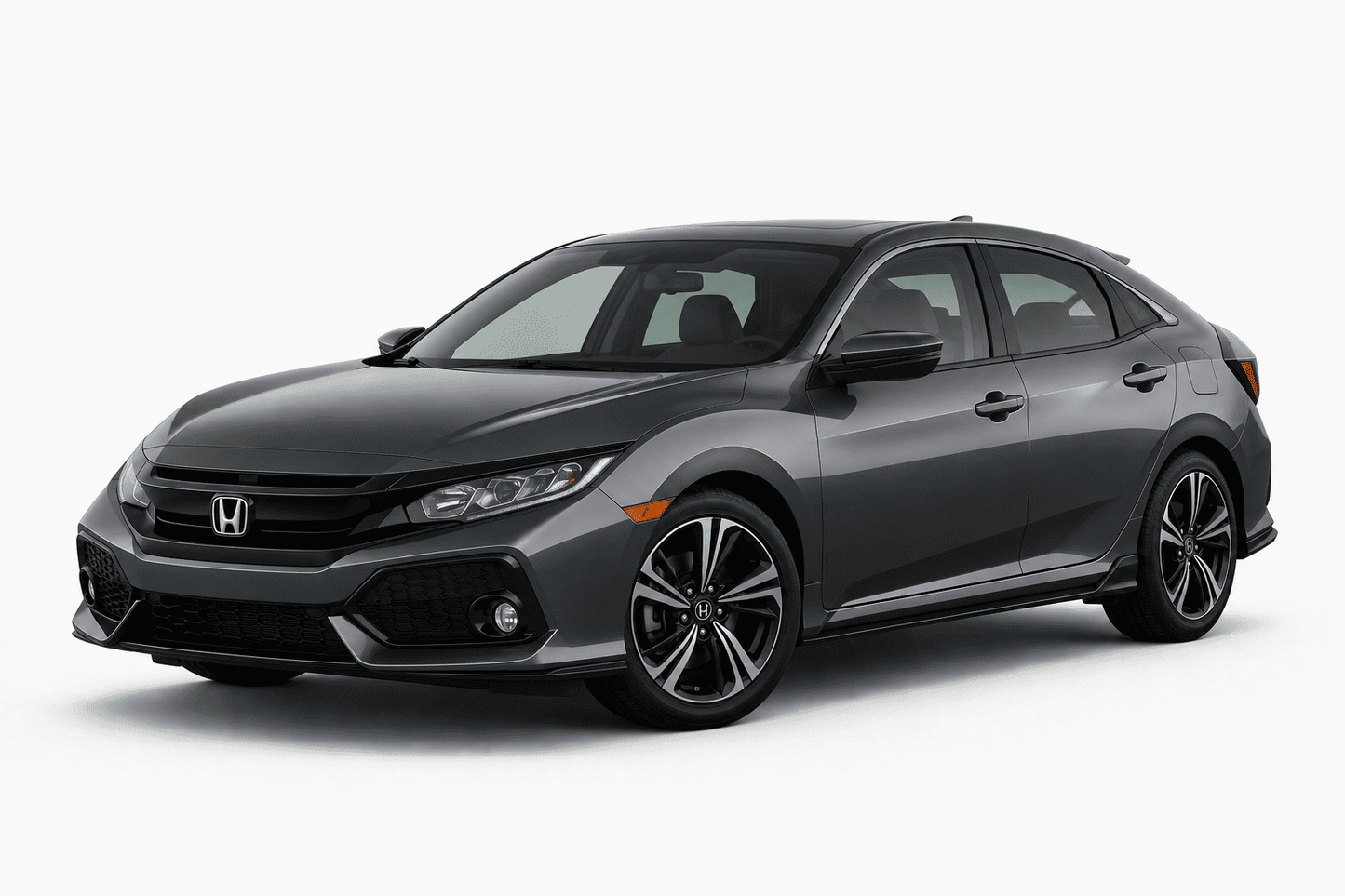 A dark gray Honda Civic hatchback sedan shown from a three-quarter front angle on a clean white studio background.