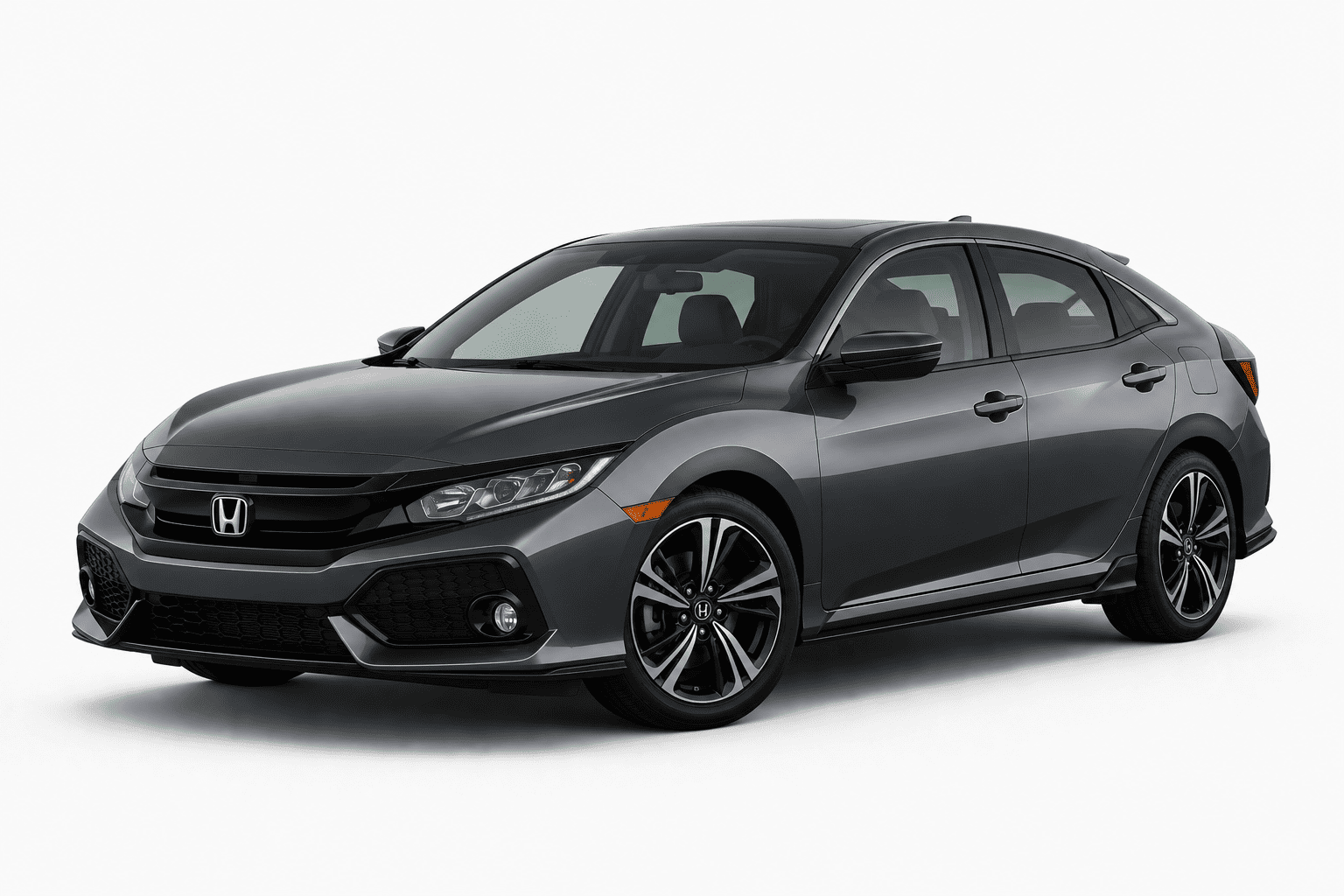 A dark gray Honda Civic hatchback sedan shown from a three-quarter front angle on a clean white studio background.